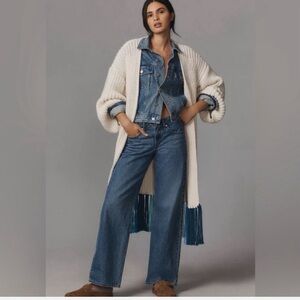 Anthropologie long cream/off white cardigan sweater chunky knit blue fringe boho